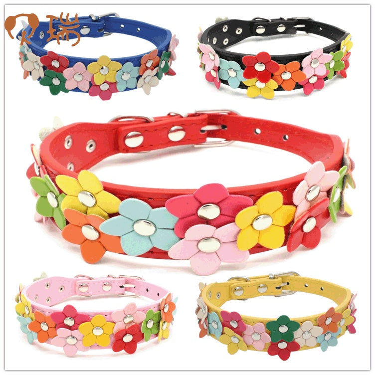 HKM-681875 Double Row Flower Pet Collar - Durable PU Floral Design with Zinc Alloy Accessories, Sizes S and M