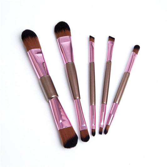 HKM-524307 5-Piece Double-Ended Rose Gold Makeup Brush Set for Liquid Foundation and Eyeshadow Application