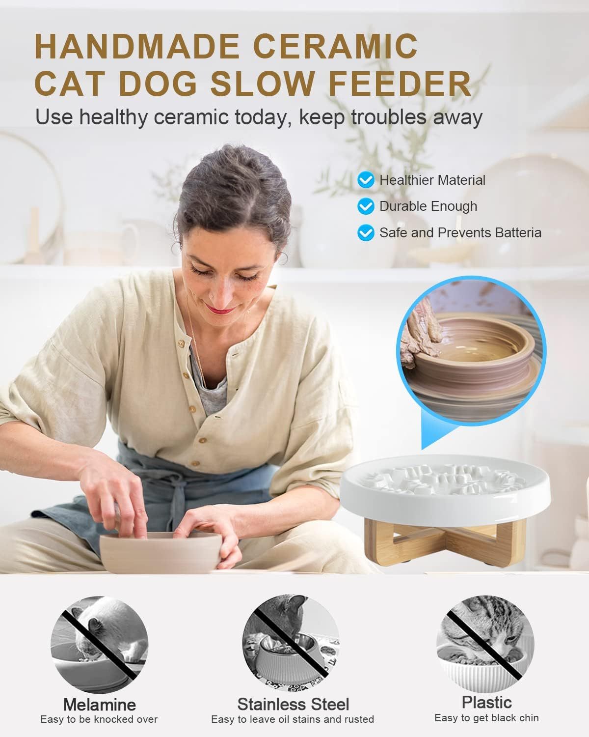 HKM-208915 Ceramic Slow Feed Pet Bowl for Cats and Small Dogs - Promotes Healthy Eating Habits