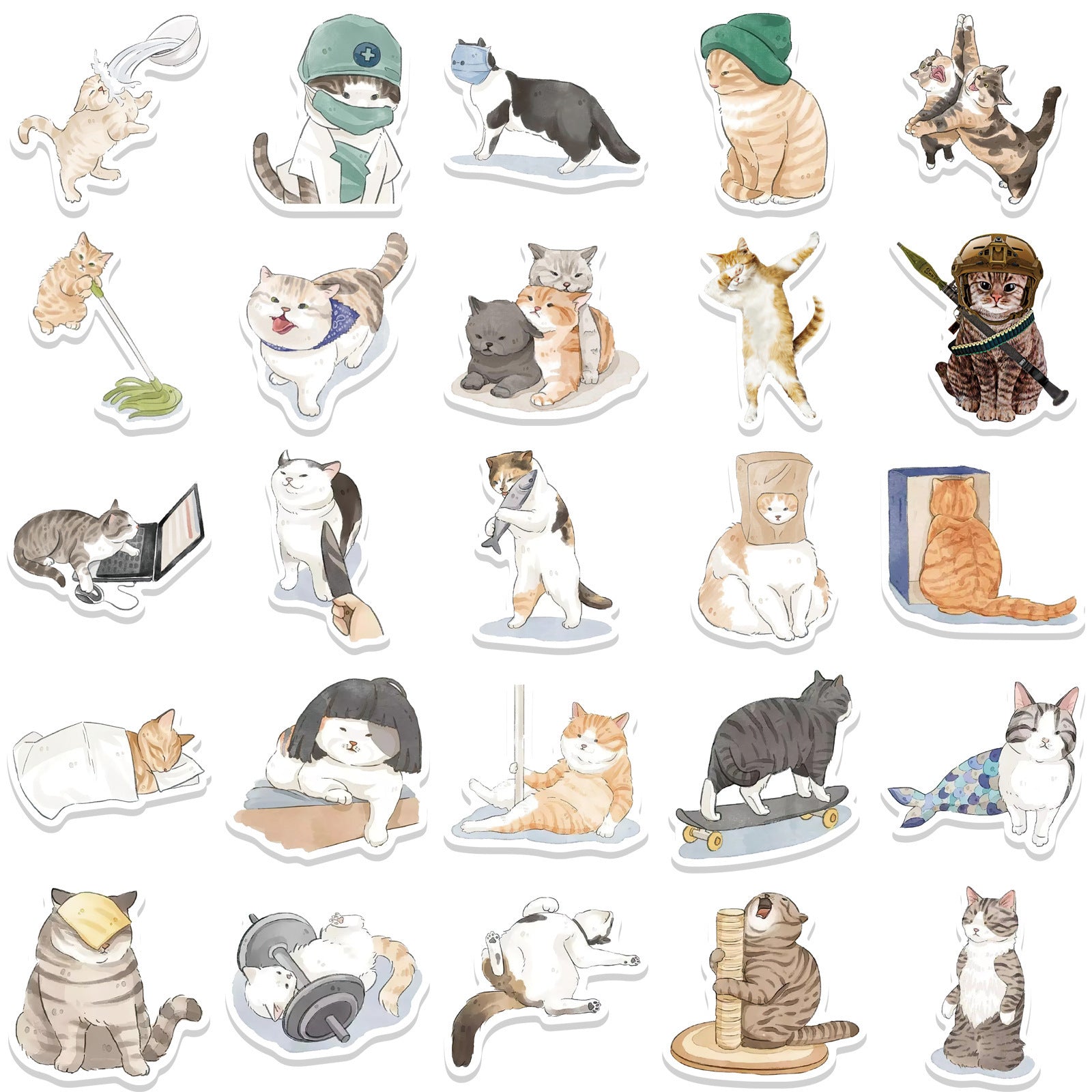 KTX-022675 Cute Cartoon Watercolor Cat Stickers Set - 53 Pieces for Luggage, Computers, and Phones