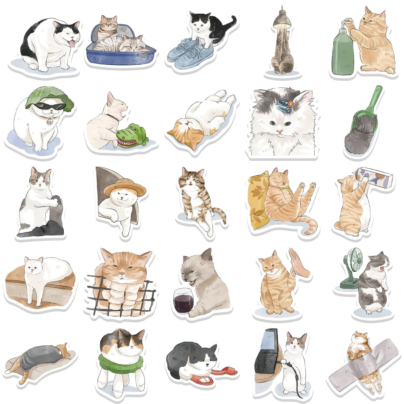 KTX-022675 Cute Cartoon Watercolor Cat Stickers Set - 53 Pieces for Luggage, Computers, and Phones