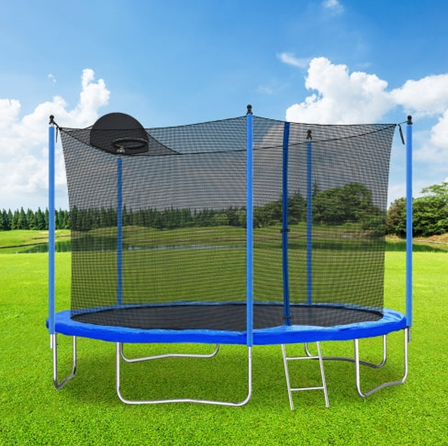 HKM-125459 12FT Trampoline with Basketball Hoop and Safety Enclosure Net for Outdoor Fun and Active Play