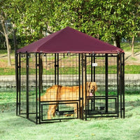 HKM-235091 PawHut Outdoor Pet Playpen with Rotating Bowl Rack and Waterproof Awning, 5' x 5' x 5', Heavy-Duty Welded Steel Design