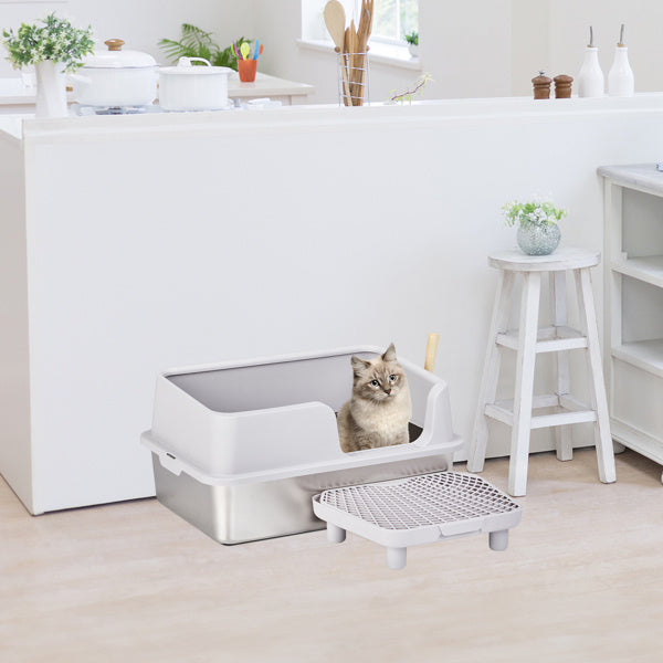 HKM-954835 Stainless Steel Cat Litter Box with Plastic Enclosure and Litter Spatula - Grey, 61x40x33CM