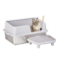 HKM-954835 Stainless Steel Cat Litter Box with Plastic Enclosure and Litter Spatula - Grey, 61x40x33CM