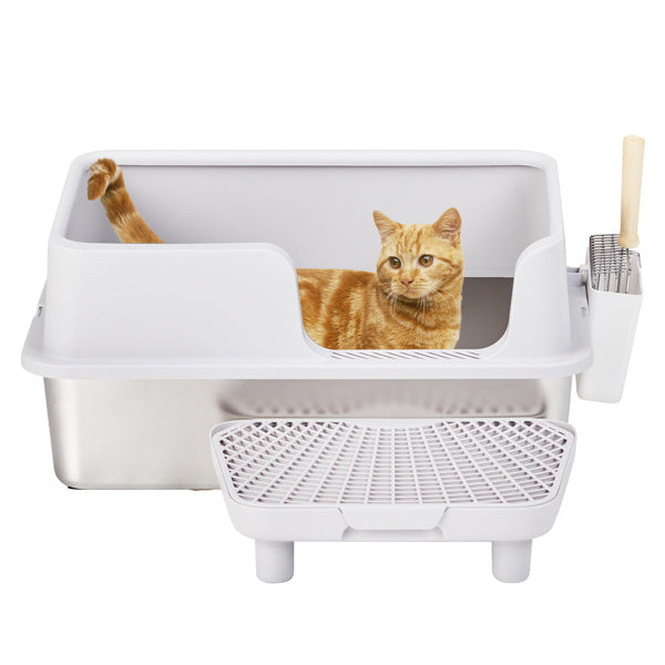 HKM-954835 Stainless Steel Cat Litter Box with Plastic Enclosure and Litter Spatula - Grey, 61x40x33CM
