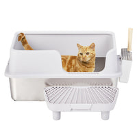 HKM-954835 Stainless Steel Cat Litter Box with Plastic Enclosure and Litter Spatula - Grey, 61x40x33CM