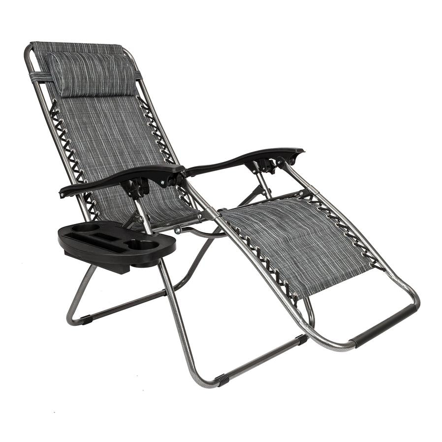 HKM-009043 Adjustable Folding Lounger Set with Pillow and Tray for Outdoor Relaxation, Grey