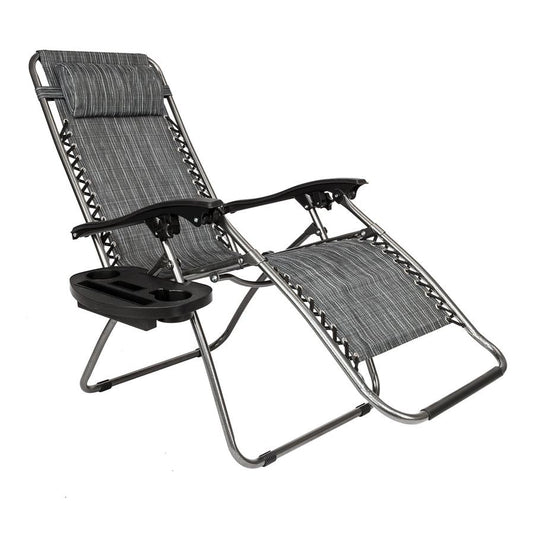 HKM-009043 Adjustable Folding Lounger Set with Pillow and Tray for Outdoor Relaxation, Grey