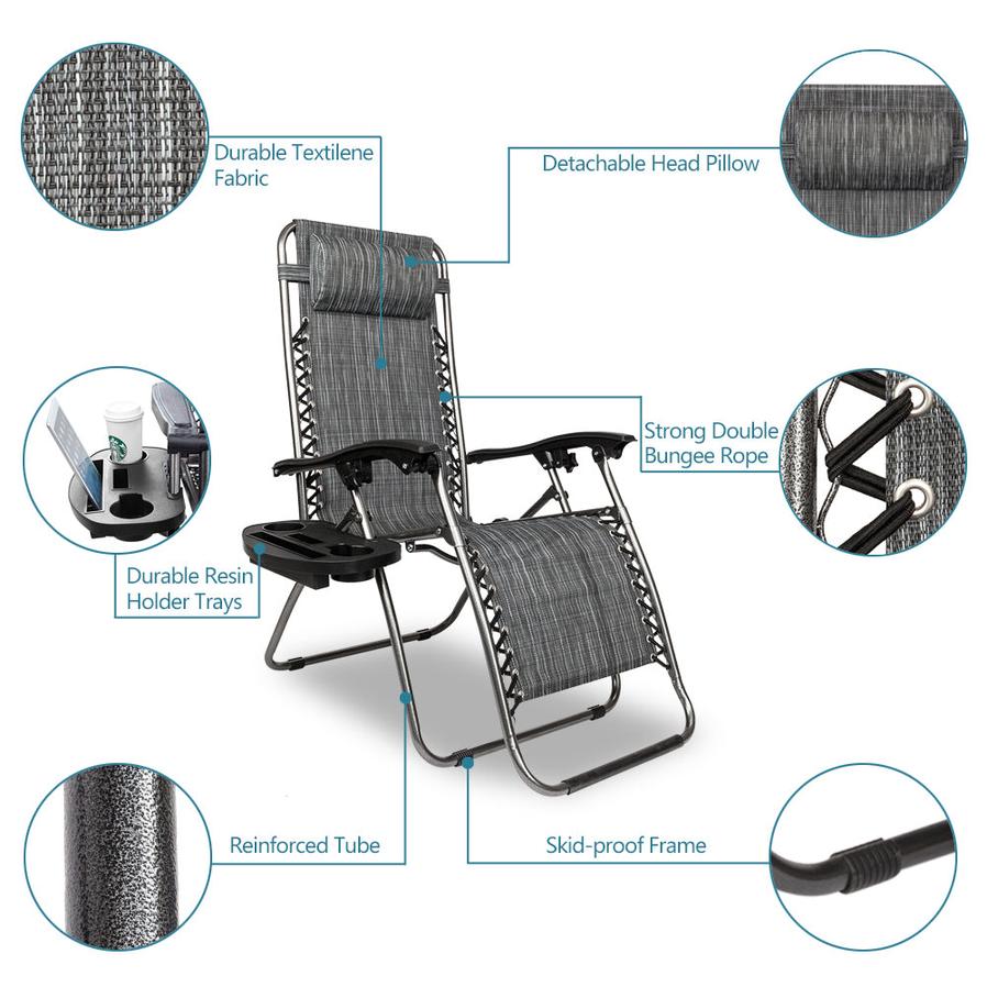 HKM-009043 Adjustable Folding Lounger Set with Pillow and Tray for Outdoor Relaxation, Grey