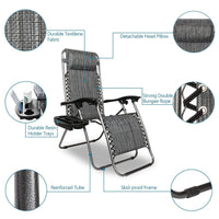 HKM-009043 Adjustable Folding Lounger Set with Pillow and Tray for Outdoor Relaxation, Grey