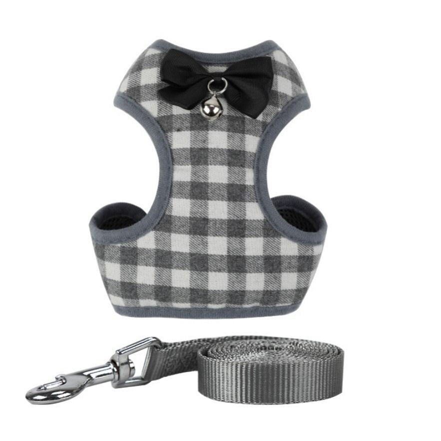HKM-796307 Plaid Small Dog Vest-style Harness with Leash, Made of Napped and Mesh Cloth