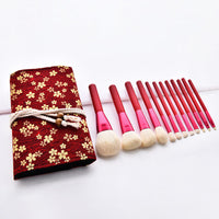 HKM-542419 Red Makeup Brush Set with Wooden Handle - 12pcs Professional Quality Tools for Easy Application