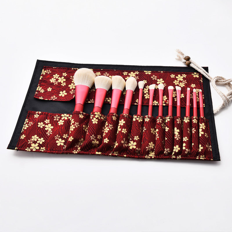 HKM-542419 Red Makeup Brush Set with Wooden Handle - 12pcs Professional Quality Tools for Easy Application
