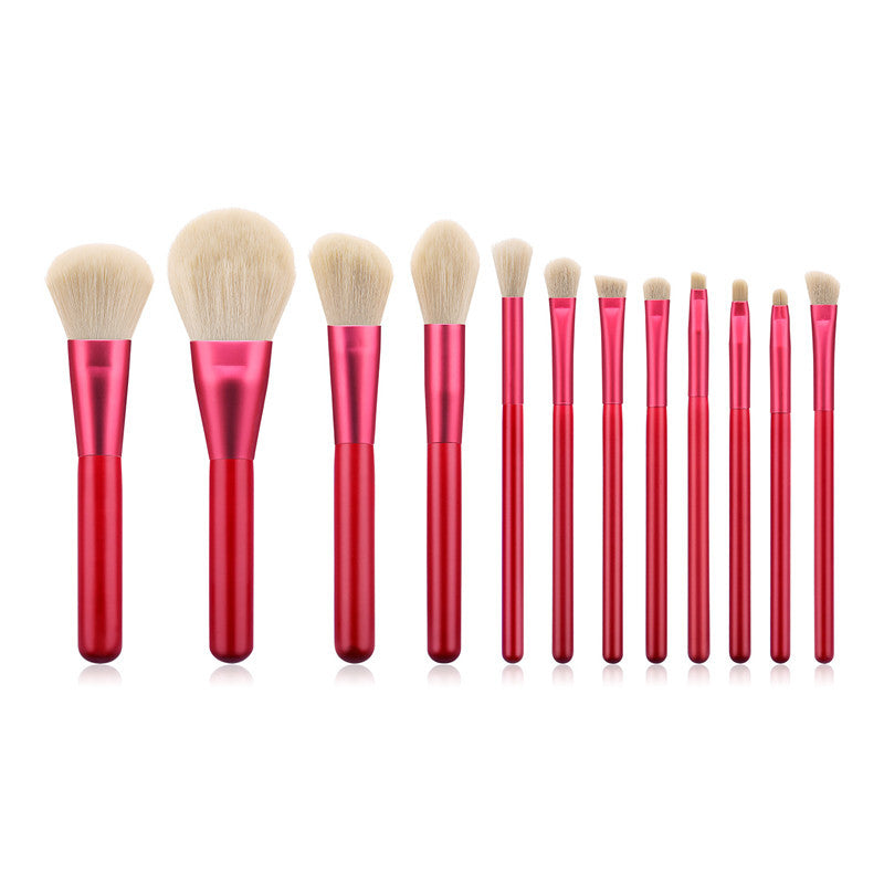 HKM-542419 Red Makeup Brush Set with Wooden Handle - 12pcs Professional Quality Tools for Easy Application