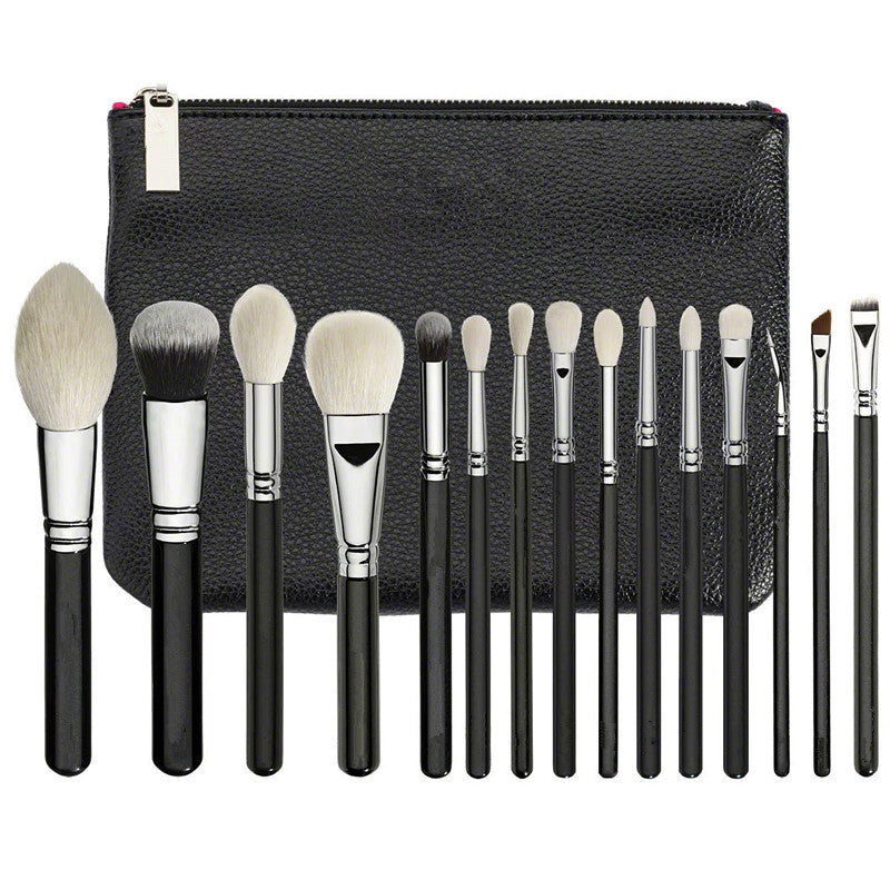 HKM-344659 15-Piece Black Makeup Brush Set with Wooden Handles and Artificial Fiber Bristles