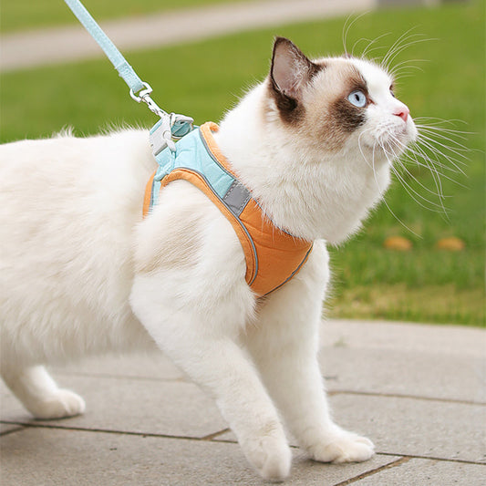 HKM-625555 Reflective Color-Blocking Traction Chest Strap Set for Cats - Adjustable Flannel and Velcro Design, Multiple Sizes Available
