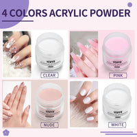HKM-217299 Acrylic Nail Kit with 4 Colors of Acrylic Powder, Monomer, and Nail Brushes for Professional and DIY Nail Art