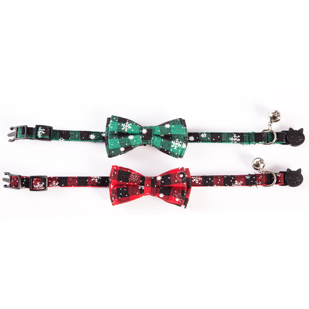HKM-750547 Christmas Cat Bow Detachable Tartan Collar - Handmade Soft and Flexible Design for All Seasons