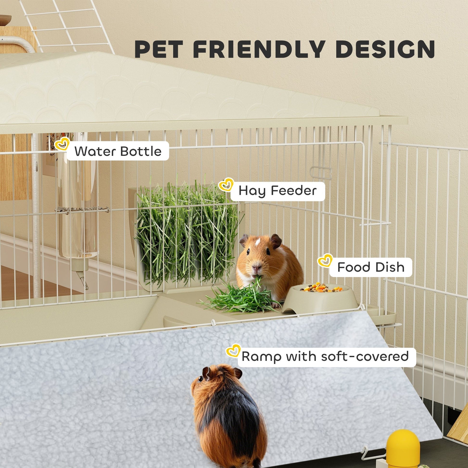 HKM-088211 Comfortable Small Animal Cage with Removable Playpen, Waterproof Pad, Hay Feeder, Water Bottle, and Food Dish for Guinea Pigs and Hedgehogs