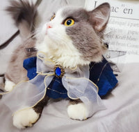 HKM-028819 Handmade Sapphire Big Bow Pet Bib for Cats and Dogs - Long Scarf Style with Collar