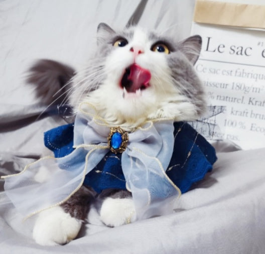 HKM-028819 Handmade Sapphire Big Bow Pet Bib for Cats and Dogs - Long Scarf Style with Collar