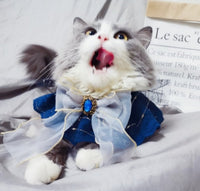HKM-028819 Handmade Sapphire Big Bow Pet Bib for Cats and Dogs - Long Scarf Style with Collar