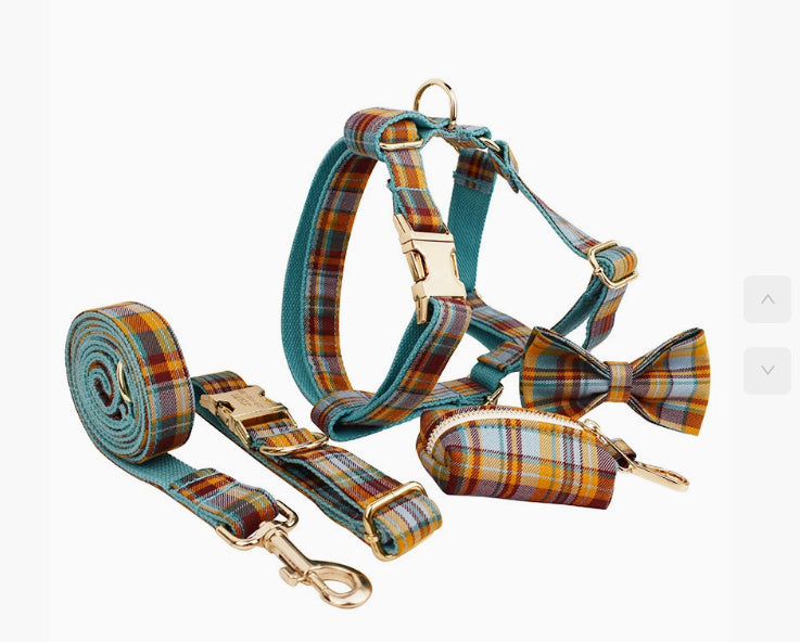 HKM-634451 Green Plaid Pet Collar and Leash Set - Comfortable Cloth Material for Dogs