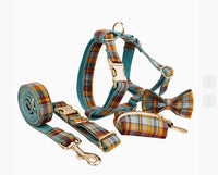 HKM-634451 Green Plaid Pet Collar and Leash Set - Comfortable Cloth Material for Dogs