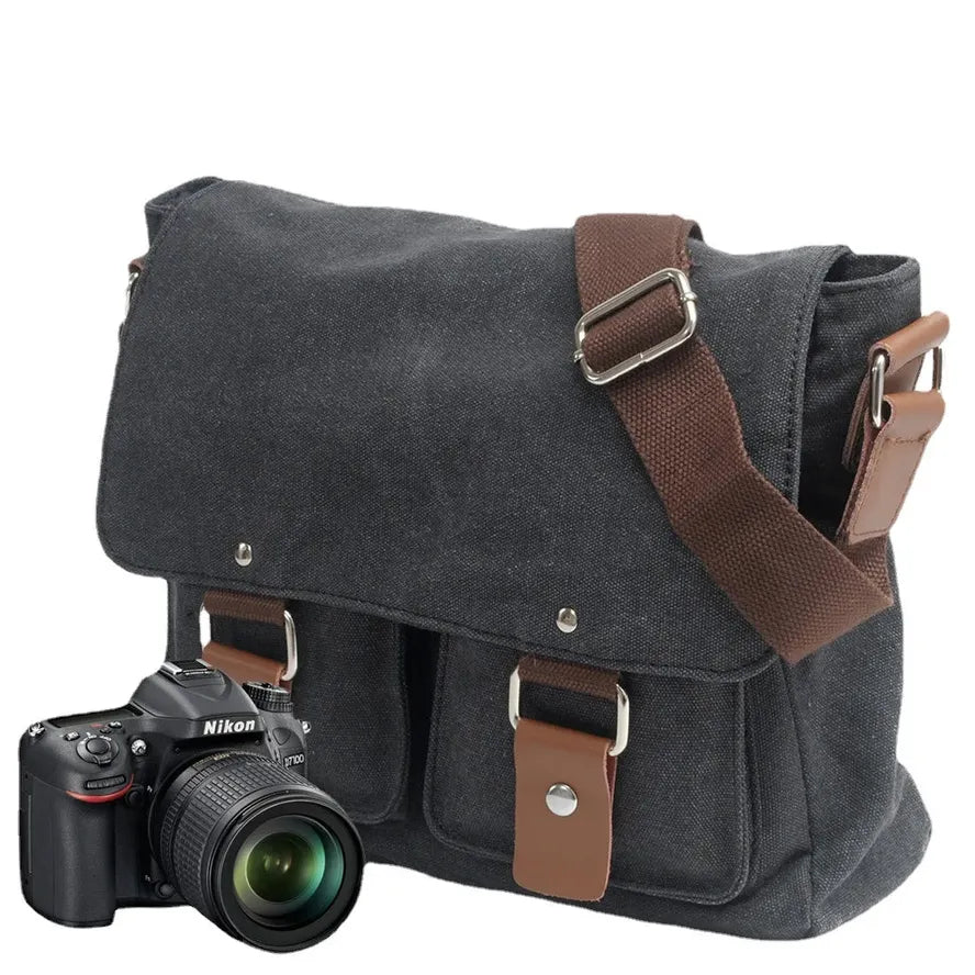 HKM-975955 Canvas Messenger Bag for Men and Women, Waterproof Shoulder Bag with Leather Accents, Casual Outdoor Travel Bag