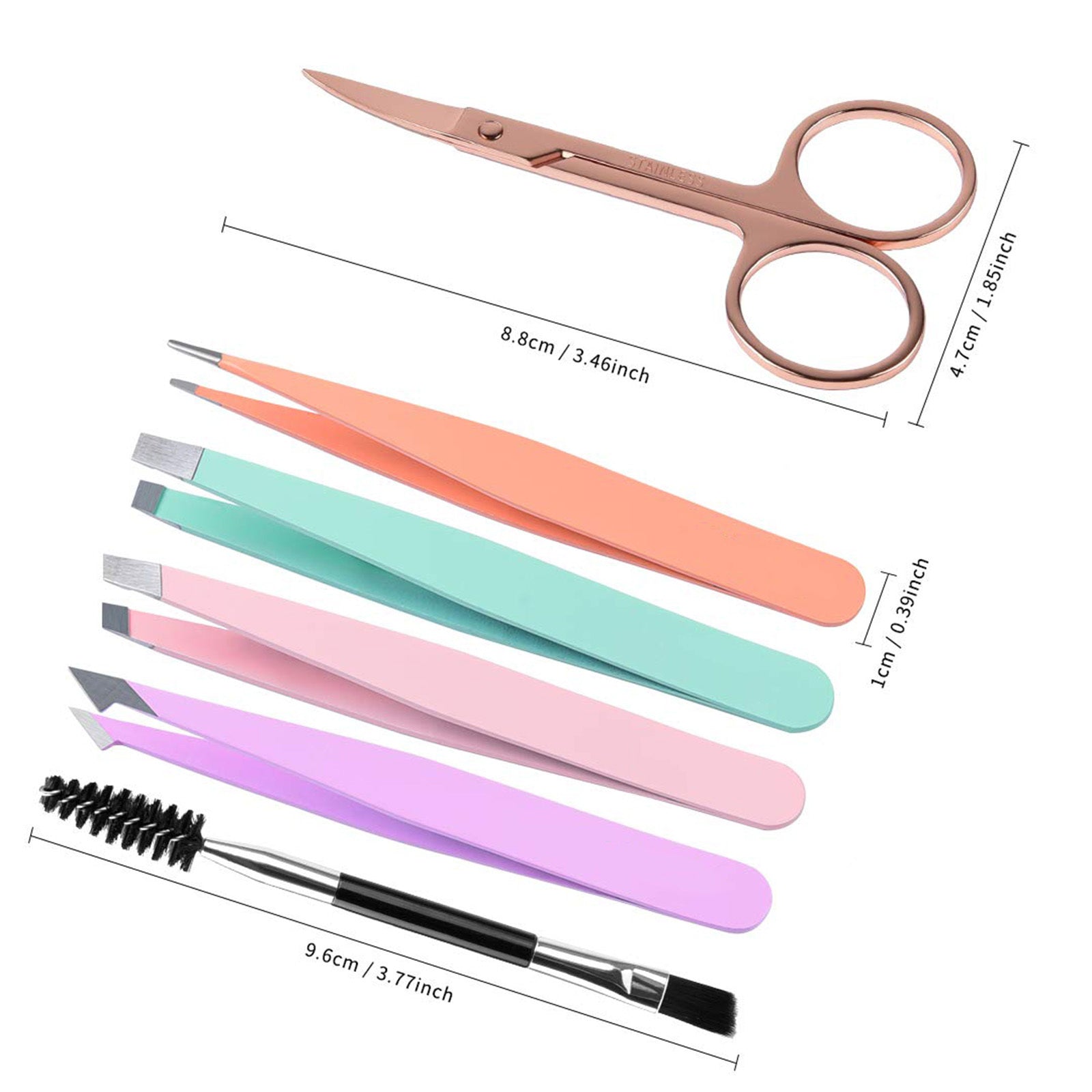 HKM-482835 6-Piece Stainless Steel Eyebrow Tweezers Set with Curved Scissors and Brush for Precise Shaping and Ingrown Hair Removal