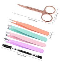 HKM-482835 6-Piece Stainless Steel Eyebrow Tweezers Set with Curved Scissors and Brush for Precise Shaping and Ingrown Hair Removal