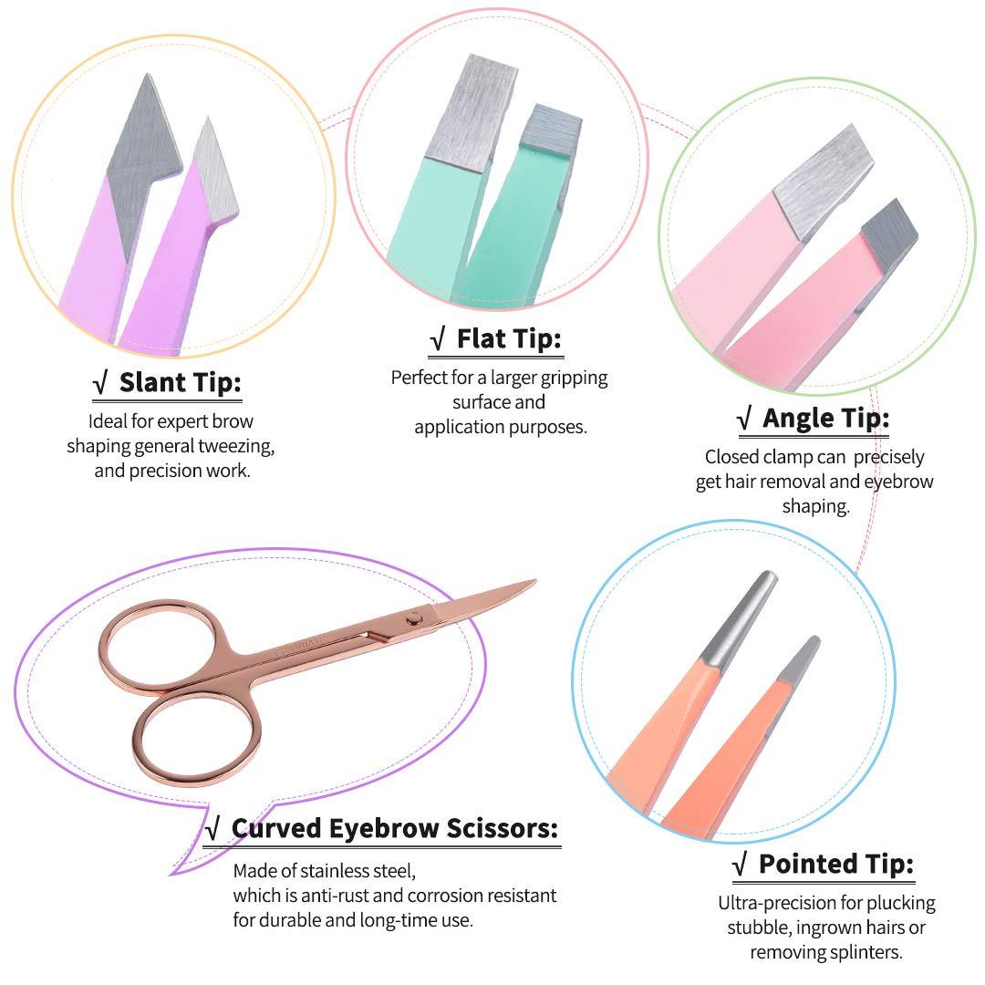 HKM-482835 6-Piece Stainless Steel Eyebrow Tweezers Set with Curved Scissors and Brush for Precise Shaping and Ingrown Hair Removal
