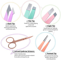 HKM-482835 6-Piece Stainless Steel Eyebrow Tweezers Set with Curved Scissors and Brush for Precise Shaping and Ingrown Hair Removal