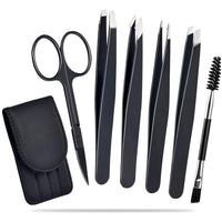 HKM-482835 6-Piece Stainless Steel Eyebrow Tweezers Set with Curved Scissors and Brush for Precise Shaping and Ingrown Hair Removal