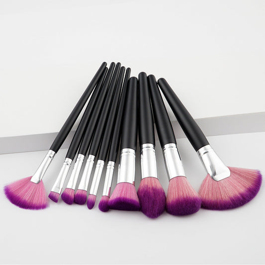 HKM-188563 10-Piece Nylon Makeup Brush Set with Long Wooden Handles