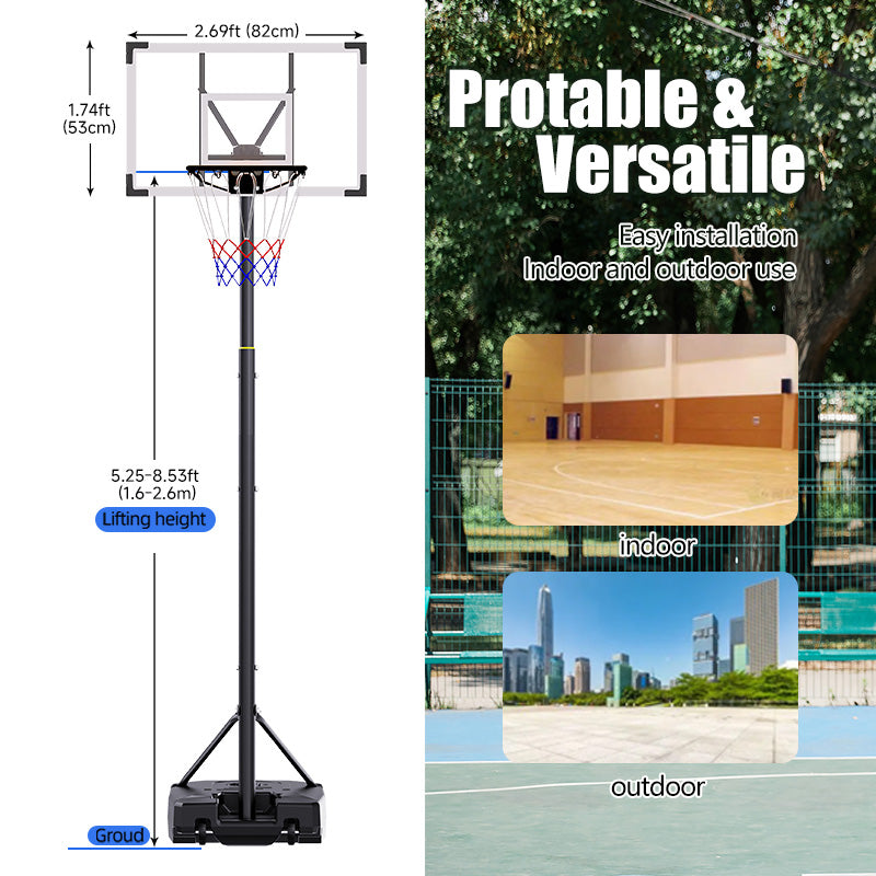 HKM-950099 Portable Adjustable Basketball Hoop with PC Backplate, Large Base, and Wheels (5.25-8.53 Ft)