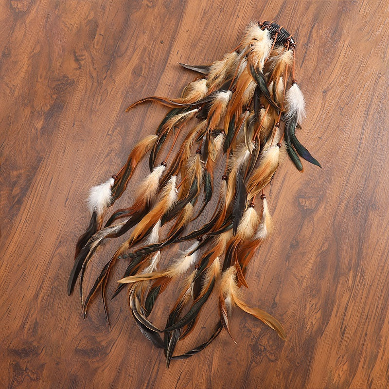 HKM-396051 Bohemian Feather Headband Hair Comb for Festivals, Versatile Fashion Accessory for Women