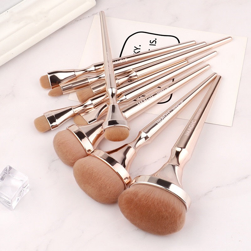 HKM-510803 9-Piece Gold Brush Set for Makeup Artists - Suitable for All Skin Types, Long Handle, Nylon/Plastic