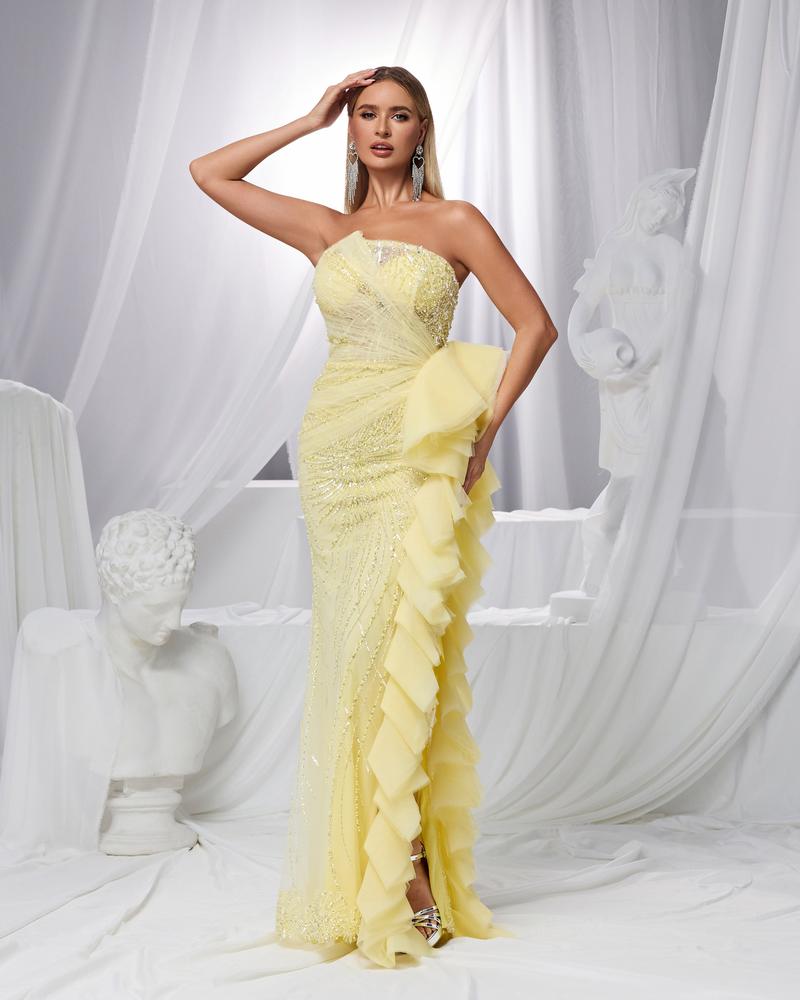 HKM-925907 Elegant Yellow Evening Dress for Women EZ25157