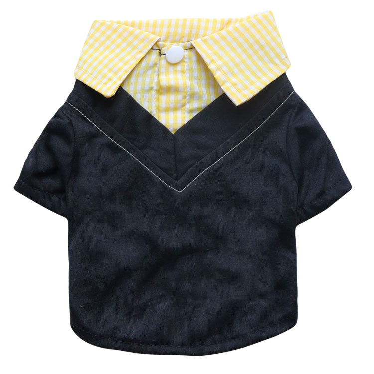 HKM-965459 Teddy Printed Plaid Pointed Collar Pet Shirt for Small Dogs - Polyester T-Shirt in Black and Pink, Yellow, or Blue