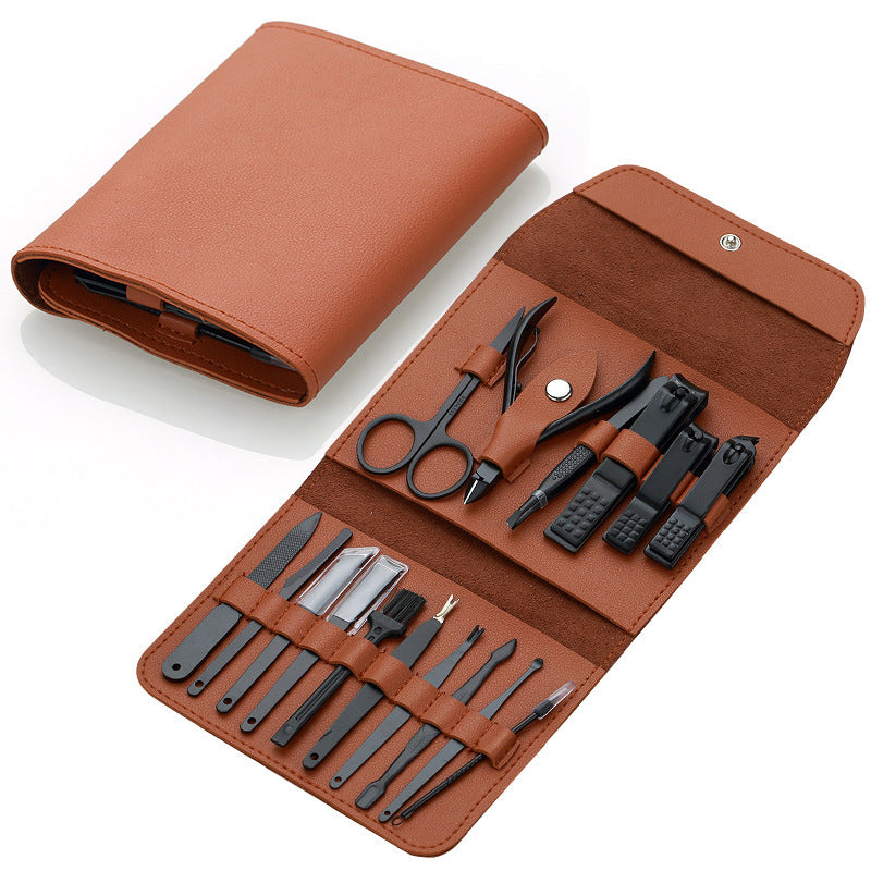 HKM-469395 Stainless Steel Nail Clipper Set with PU Leather Case - 16-Piece Grooming Kit for Home and Travel