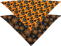 HKM-356691 Reversible Halloween Dog Bandana with Pumpkin and Spider Web Designs for Pets, Adjustable Fit up to 16 Inches