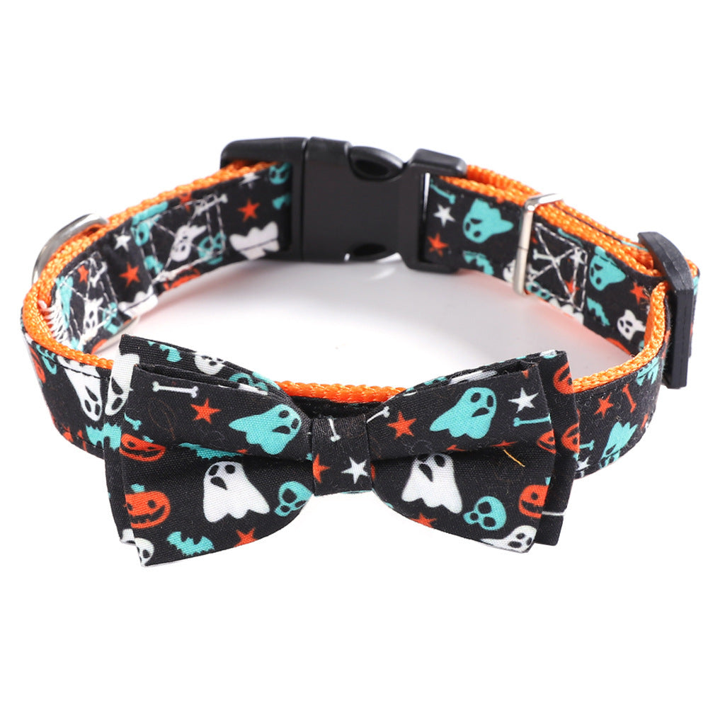 HKM-442131 Geometric Pattern Cat Collar Holiday Ornaments in Black Ghost, Yellow Pumpkin, and Black Skull