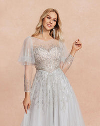 HKM-218515 Elegant Silver Evening Gown for Women - Stylish Floor-Length Dress with Sophisticated Design