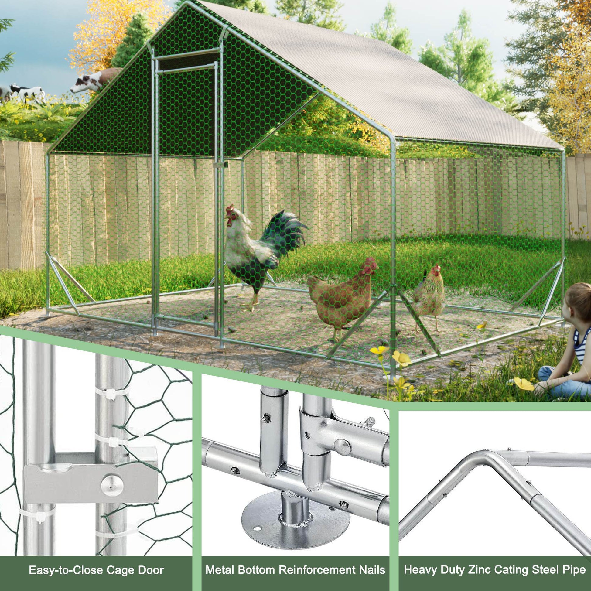 HKM-055443 Large Walk-in Chicken Coop with Galvanized Wire and Waterproof Cover for Poultry, Ducks, Rabbits, and Small Animals