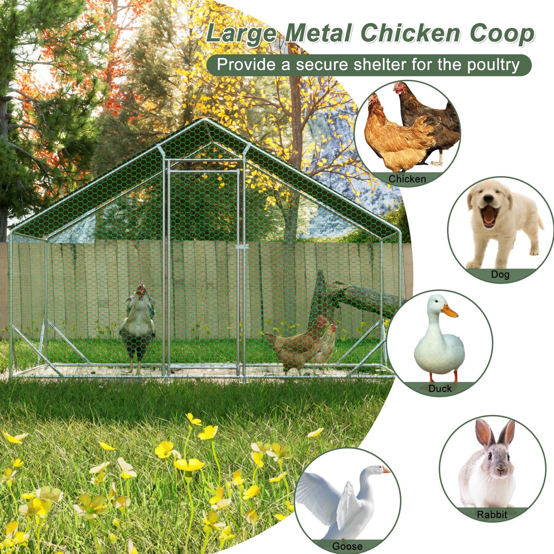 HKM-055443 Large Walk-in Chicken Coop with Galvanized Wire and Waterproof Cover for Poultry, Ducks, Rabbits, and Small Animals