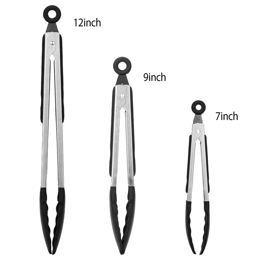 HKM-302803 Stainless Steel Kitchen Tongs Set with Silicone Tips – Locking Food Tongs for BBQ, Grilling, Salad, and Spaghetti