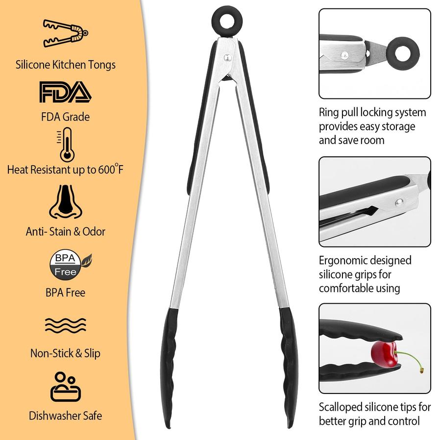 HKM-302803 Stainless Steel Kitchen Tongs Set with Silicone Tips – Locking Food Tongs for BBQ, Grilling, Salad, and Spaghetti