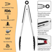 HKM-302803 Stainless Steel Kitchen Tongs Set with Silicone Tips – Locking Food Tongs for BBQ, Grilling, Salad, and Spaghetti